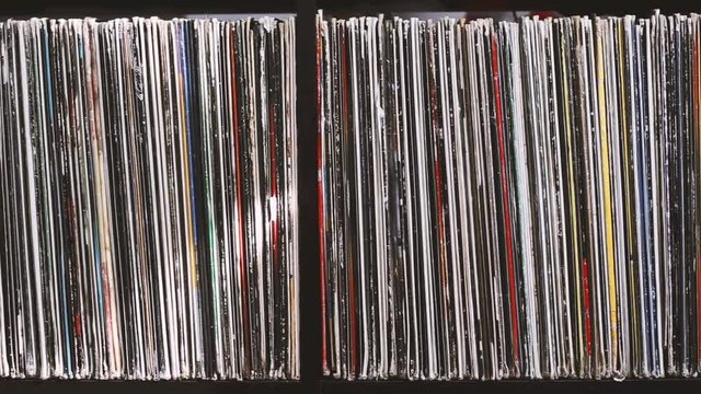 Stack of old vinyl records. closeup