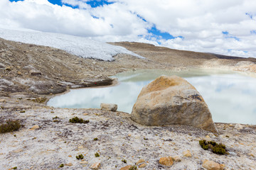 Glacier lake rock Cordillera Vilcanota scenic landscape mountains, Peru.