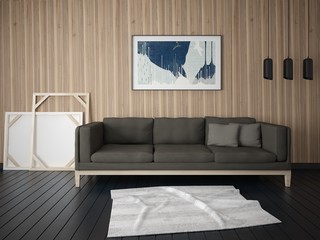 Mock up a modern living room with a stylish sofa on a trendy background.
