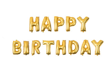 happy birthday English alphabet   from yellow (Golden) balloons on a white background