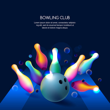 Vector glowing neon bowling club banner or poster with multicolor 3d bowling balls and pins.