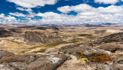 Cordillera Vilcanota scenic landscape mountains range valley peaks view, Peru.