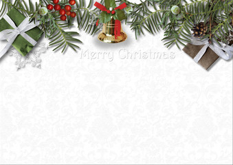 Christmas card with bell, holly and gift on white background