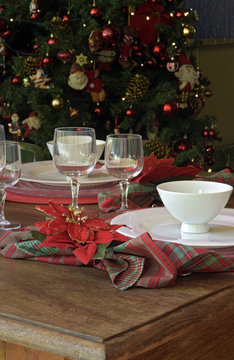 Table decorated with typical Christmas ornaments