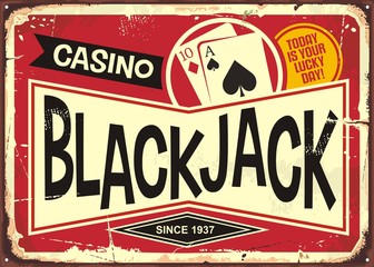 Blackjack retro casino sign. Gambling or casino theme with decorative black jack sign post. Vintage vector illustration.