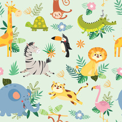 Naklejka na ściany i meble Seamless pattern with cute wild animal. African safari.Vector illustration