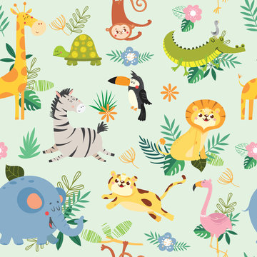 Fototapeta Seamless pattern with cute wild animal. African safari.Vector illustration