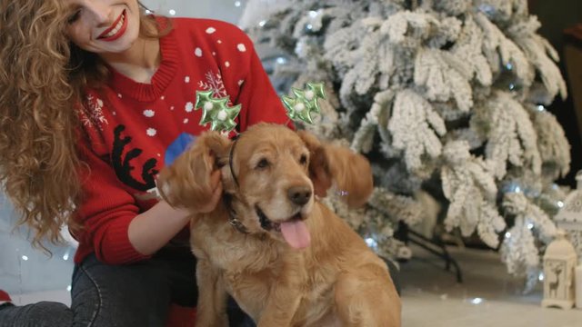 Beautiful girl with the dog in the funny headband with Christmas trees on its head