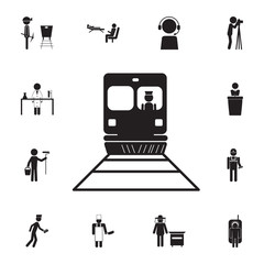 Train driver, drives a train icon. Set of professions disasters icons. Signs and symbols collection, simple icons for websites, web design, mobile app, info graphics