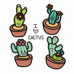 Cute cactus cartoon doodle set vector illustration