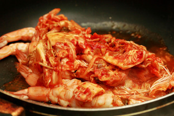 Korean food,Fried Baechu Kimchi with prawn.