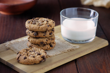 Glass of milk and chocolate chip cookies for the breakfast.