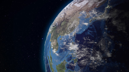 Fototapeta na wymiar 3D rendering Earth from space against the background of the starry sky. Shadow and illuminated side of the planet with cities