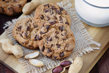 Glass of milk and chocolate chip cookies for the breakfast.