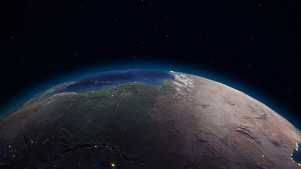 3D rendering Earth from space against the background of the starry sky. Shadow and illuminated side of the planet with cities