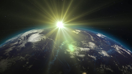 3D rendering Earth from space against the background of the starry sky and the Sun. Shadow and illuminated side of the planet with cities. Through the atmosphere of the planet can be seen the sunrise