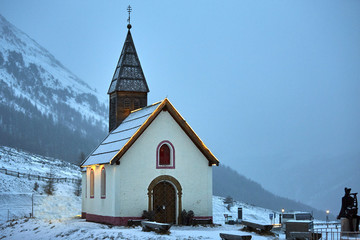 Old church in the snow. Church at the foot of the glacier. Maso Corto, Sudtirol, Bolzano, Alps,...