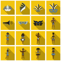 Set of Brazilian samba dancers and carnival masks . Vector carnival girls wearing a festival costume is dancing.