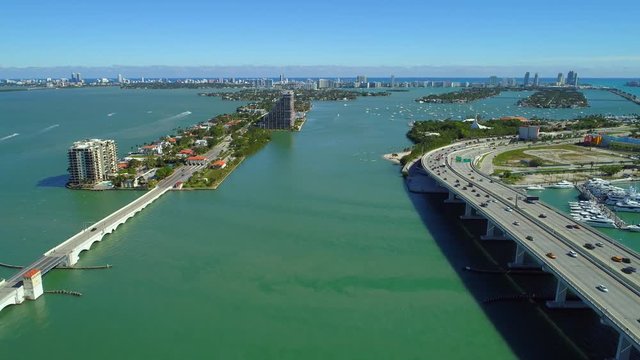 Aerial scenic footage Miami bay view islands boats tropical water