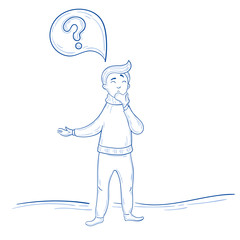 Man is thinking. Question mark thought. Hand drawn