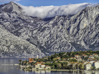 Coastal town of Kotor, Montenegro, surrounded by high mountains