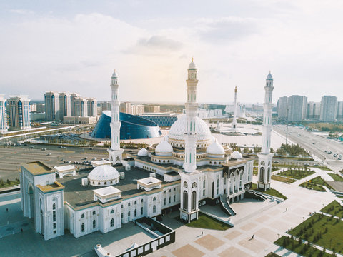 Drone view on mosque with buildings in downtown of capital city Astana in Kazakhstan