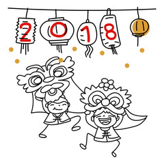 Hand drawing cartoon character people Happy Chinese New Year 2018