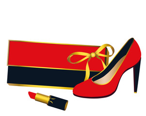 woman accessories,red, gold, black, isolated on a white