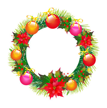 Christmas wreath with poinsettia  isolated on a white