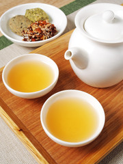 Chinese tea set with refreshments on the table