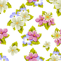 Floral seamless pattern of several flowers and leaves. For design of cards, invitations, posters, banners, greeting for birthday, Valentine's day, wedding, party, holiday, celebration.