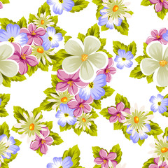 Floral seamless pattern of several flowers and leaves. For design of cards, invitations, posters, banners, greeting for birthday, Valentine's day, wedding, party, holiday, celebration.