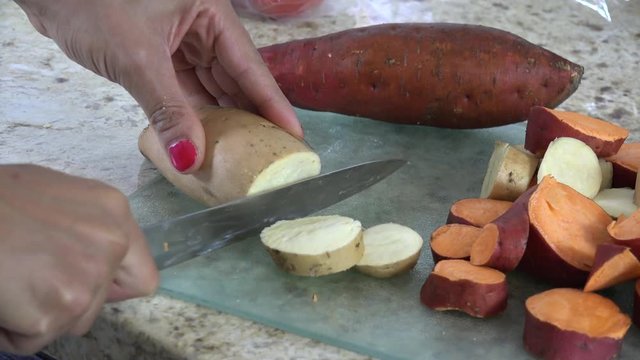 Slicing sweet potatoes 4k
