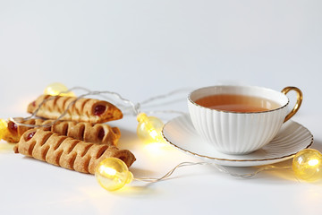 Tea with pastries for breakfast. Sweets and pastries with nuts f