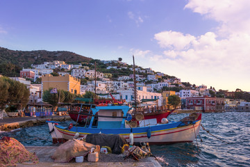 Fototapeta premium The harbor in Agia Marina village, Leros island, in the evening 