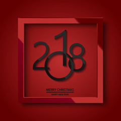 Happy New Year 2018 red background with glossy black frame and text. Christmas greeting card. Vector