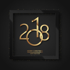 Happy New Year 2018 black background with glossy red frame and gold text. Christmas greeting card. Vector.