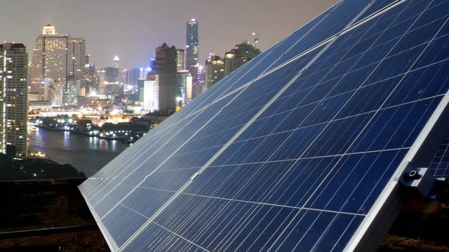 Solar panels energy lighten the twilight city time lapse