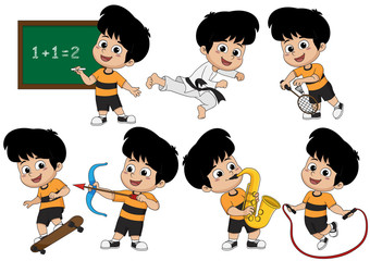 Set of kid activity, kid learning math in class,playing taekwondo ,playing badminton,playing skateboard,playing saxophone,playing bow,jumping with rope.