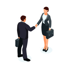 Isometric businessmen shake hands.