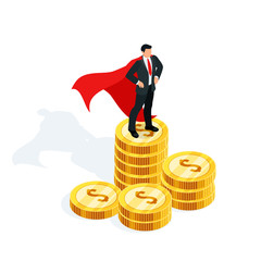 Isometric businessman standing on a stack of money.