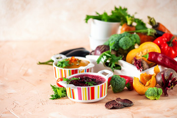 Concept of healthy vegetable and legume soups.