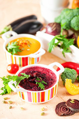 Concept of healthy vegetable and legume soups.