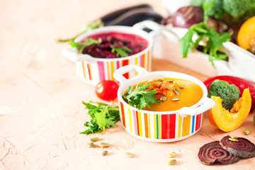 Concept of healthy vegetable and legume soups.