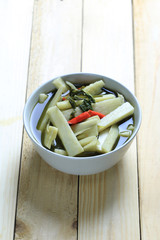 Curry pickled fish with tree top of coconut in menu Thai foods.