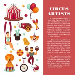 Amazing circus promo poster with participants of show and equipment.