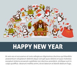 Happy New Year 2018 poster with Husky dog in festive warm clothes, in wooden house with Christmas decorations and winter