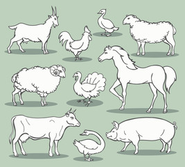 Farm animals sketch. Livestock doodle set vector illustration like turkey and horse, sheep and chicken, goat and sheep