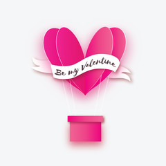 Heart shape Pink hot air balloon flying. Love in paper cut style. Origami Valentine day. Ribbon tape for text. Romantic Holidays. 14 February. Be my valentine.