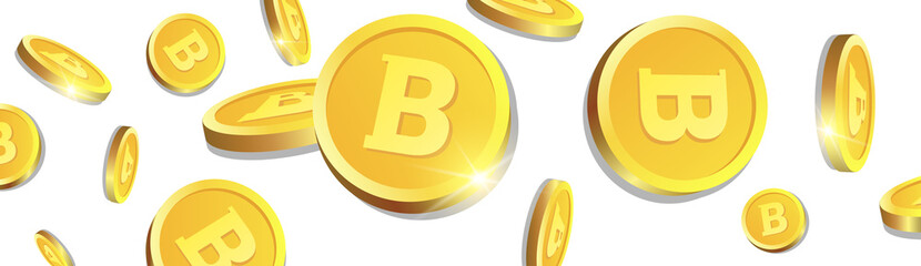 3d Golden Bitcoins Flying Over White Background Coins With Cryptocurrency Sign Horizontal Banner Vector Illustration
